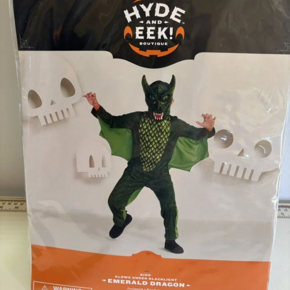 Dragon Green Emerald Blacklight Halloween Costume 6/7 Jumpsuit Wings & Mask Boys